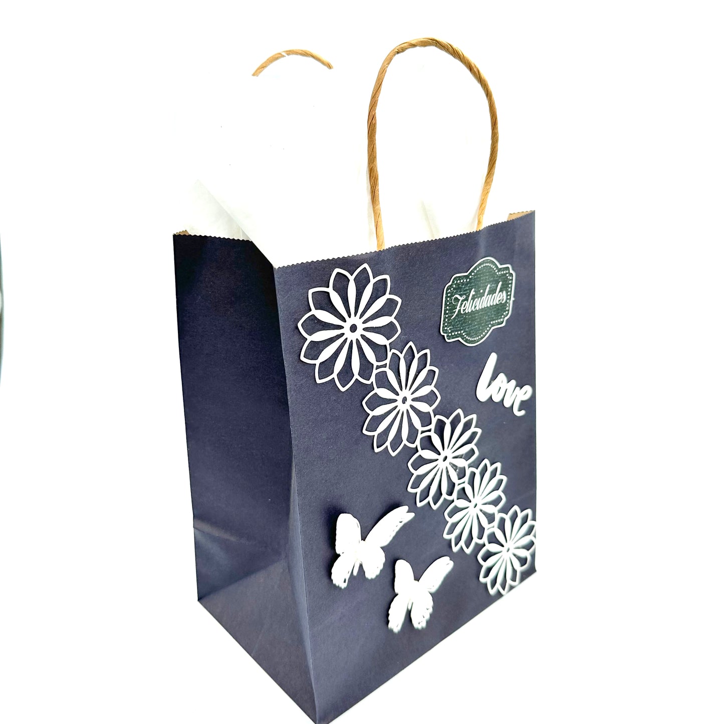 Bolsa de regalo con decoración de flores blancas