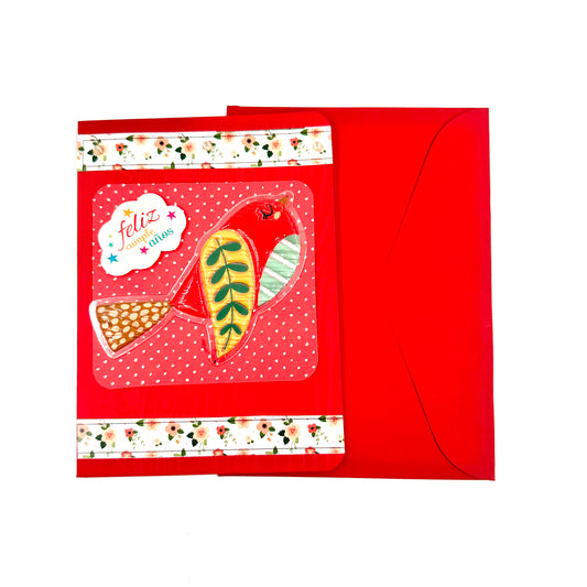 Tarjeta de regalo roja decorada con pajarito